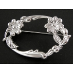 Victorian Style Punched Metal Flower Blossom Oval Brooch