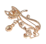 Figural Cat Gold Tone Rhinestone Brooch with Charm