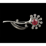 Art Deco Silver Tone Flower Blossom Pink Clear Rhinestone Brooch