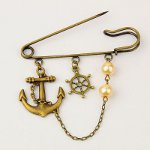 Bronze Tone Nautical Marine Pin Brooch with Anchor Ship's Whe