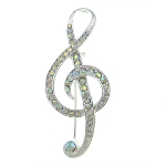 Music G Clef Aurora Borealis Iridescent Clear Rhinestone Brooch