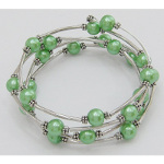 Adjustable Pearl Bead & Silver Wrap Bracelet ~ Green
