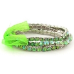 Faux AB Rhinestone Stretch Bracelet ~ Green on Silver Tone