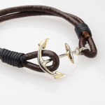 Genuine Two-Strand Brown Leather Silver Ship Anchor Bracelet