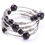 Adjustable Pearl Bead & Silver Wrap Bracelet ~ Black
