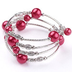 Adjustable Pearl Bead & Silver Wrap Bracelet ~ Red