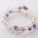 Gemstone Chip FW Pearl & Silver Wrap Bracelet ~ Amethyst