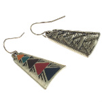 Antiqued Brass Tribal Enamel Design Dangle Earrings ~ Red
