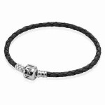 Black Braided Leather European Bead Bracelets Silver Tone Clasp