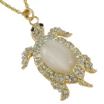 Gold Tone Cat's Eye Cab & Rhinestone Turtle Pendant Necklace