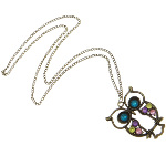 Retro 1960's Modern Bronze Tone Owl Rhinestone Necklace