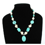 Turquoise & Lustrous Faux Pearl Bead Necklace