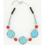NKL-144h 1960s Mod Turquosie & Red Wood Bead Metal Necklace