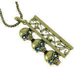 Bronze Tone Triple Skull Biker AB Rhinestone Necklace