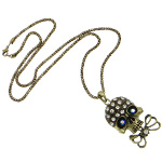 Bronze Tone Skull & Iridescent Rhinestone Eyes Pendant Necklace