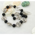 1960s Mod Style Tibetan Silver Bracelet & Earrings Set ~ Black