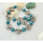 1960s Mod Style Tibetan Silver Bracelet & Earrings Set ~ Teal