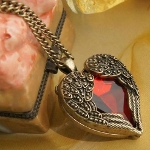 Antiqued Brass Winged Heart Foil Backed Crystal Necklace Set
