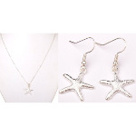 Silver Tone Textured Starfish Nautical Necklace Earring Set