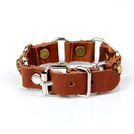 Brown Leather Bronze Skull Biker Punk Adjustable Bracelet