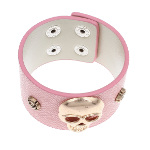 Pink Imitation Leather Wide Gold Skull & Roses Snap Bracelet