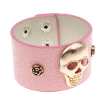 Pink Imitation Leather Wide Gold Skull & Roses Snap Bracelet