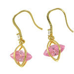 18K Gold Plate Art Deco Dangle Earrings ~ Pink CZ Stone