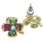 Multi-Colored Rhinestone Gold Plate Retro Shamrock Stud Earrings