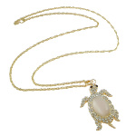 Gold Tone Cat's Eye Cab & Rhinestone Turtle Pendant Necklace
