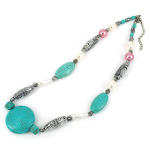 Turquoise & CCB Crescent Moon Silver Tone Bead Necklace