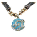 Braided Silk Necklace with Rhinestone Blue Cat's Eye Pendant