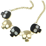 Biker Punk Gold Tone Black Enamel Skulls Necklace