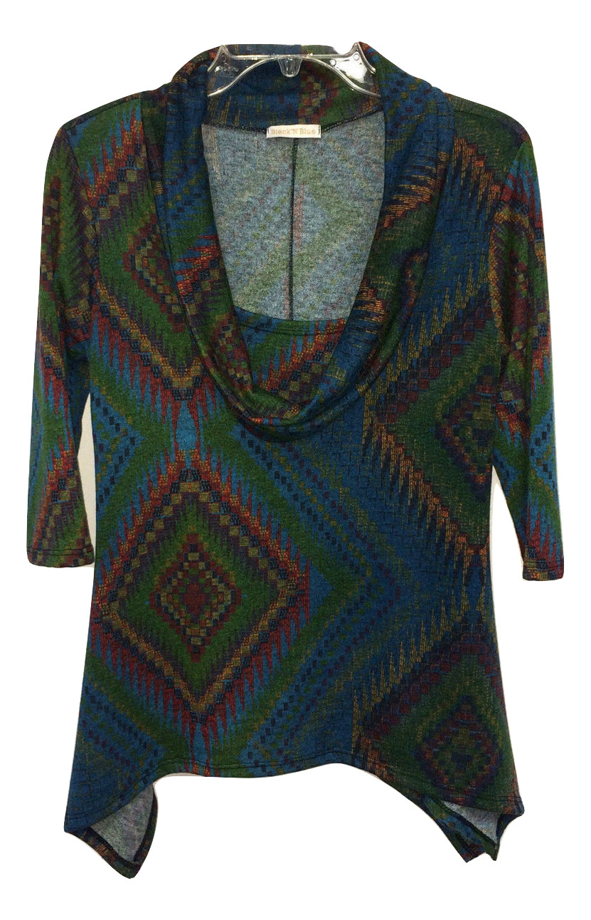 Size L Black n Blue Cowl Neck Tapestry Weave Sweater in Green
