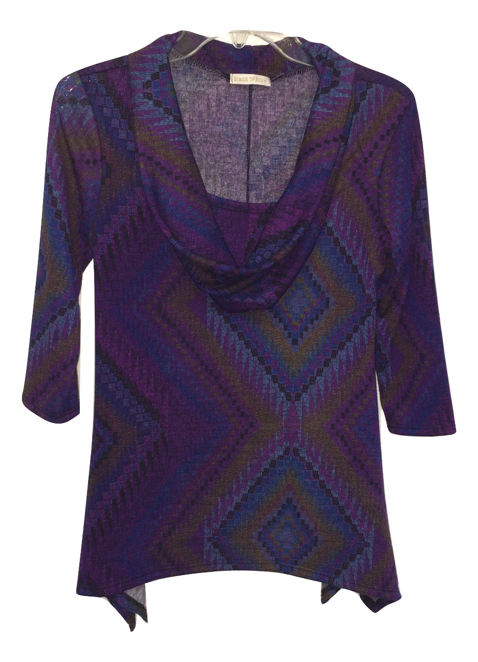 Size L Black n Blue Cowl Neck Tapestry Weave Sweater in Purple