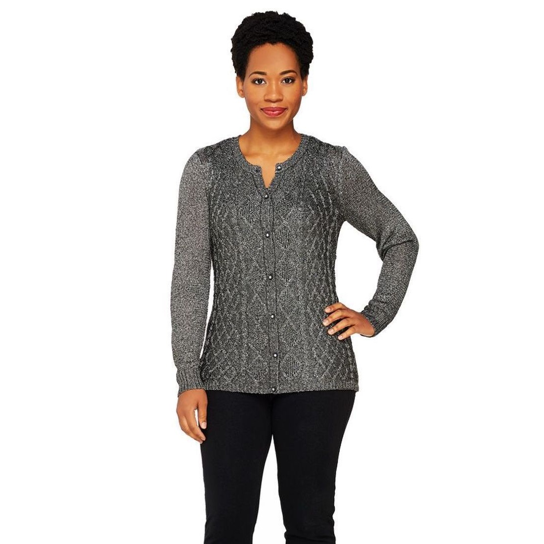 Size 1X Isaac Mizrahi Live Shimmer Knit Sweater in Gray