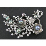 Bouquet Brooch with Rhinestone, Carved Shell & Freshwater Pearls