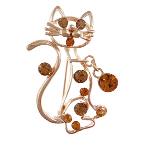 Figural Cat Gold Tone Rhinestone Brooch with Charm