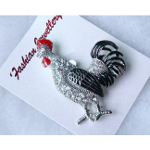 Enamel Decorated Figural Rooster Brooch with Rhinestone Accents