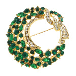 Gold Tone Emerald Green Rhinestone Christmas Wreath Brooch
