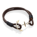 Genuine Two-Strand Brown Leather Silver Ship Anchor Bracelet