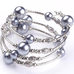 Adjustable Pearl Bead & Silver Wrap Bracelet ~ Gray