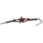 Antiqued Silver Tone Mesh Red Flower Blossom Rhinestone Bracelet
