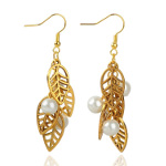 Gold Tone Leaf Silhouette & White Pearl Bead Dangle Earrings