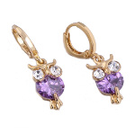 18K Gold Plate Figural Owl & Purple CZ Stone Dangle Earrings