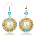 Silver Tone Aqua Blue Rhinestone & Lustrous Pearl Bead Earrings