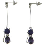 Platinum Plated Purple CZ Art Deco Cat Long Dangle Earrings