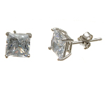 7mm Rhodium Plate Sterling Silver Faceted CZ Stone Stud Earrings
