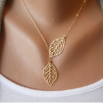 Gold Tone Two Reticulated Leaves Nature Silhouette Necklace