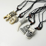 Mixed Adjustable Cord Wood Bead & Faux Ivory Pendant Necklace