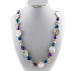 Freshwater Pearl & Striped Shell Bead Necklace Blue & Purple